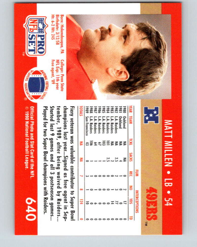1990 Pro Set #640 Matt Millen Mint San Francisco 49ers Image 2