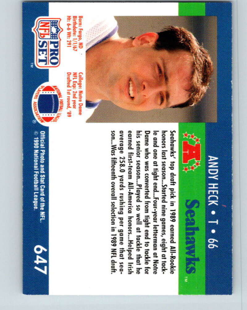 1990 Pro Set #647 Andy Heck Mint Seattle Seahawks Image 2