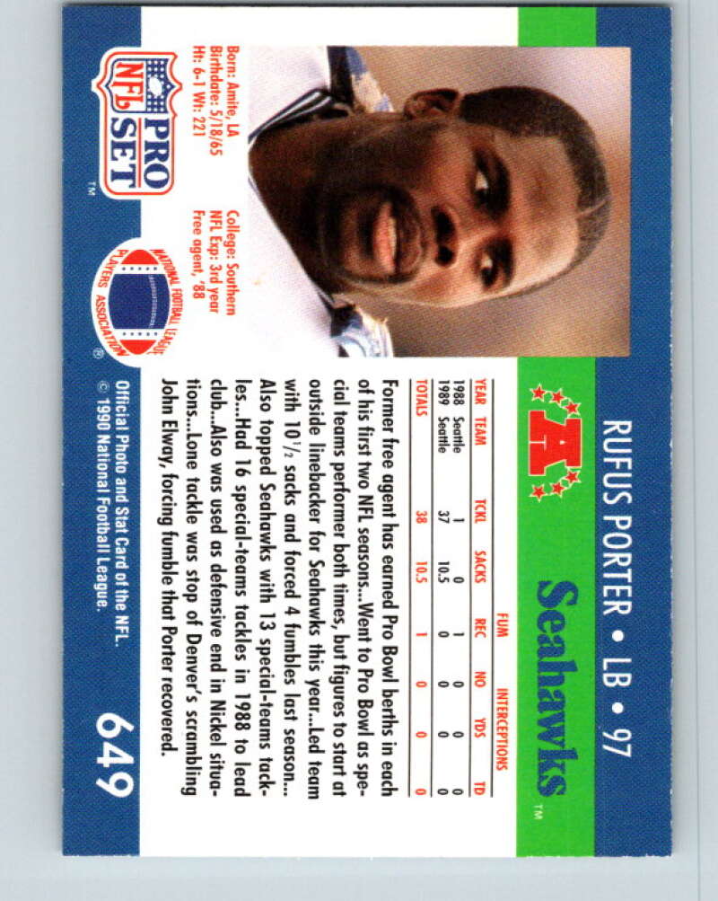 1990 Pro Set #649 Rufus Porter Mint Seattle Seahawks Image 2