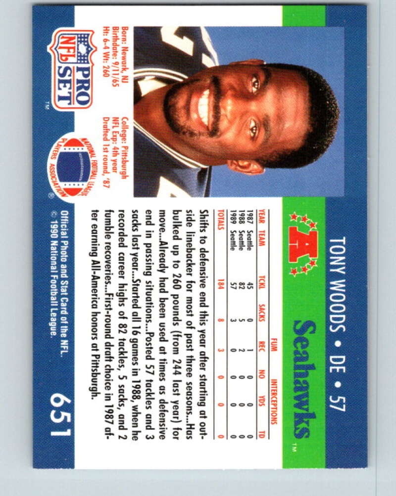 1990 Pro Set #651 Tony Woods Mint Seattle Seahawks Image 2