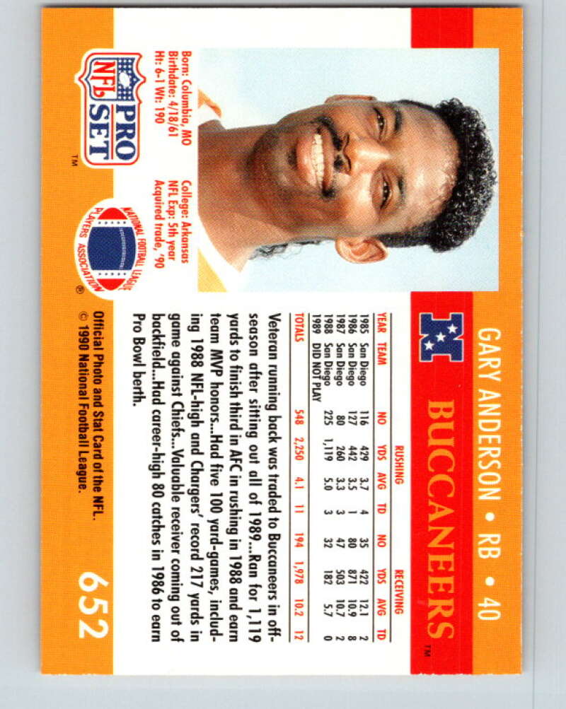 1990 Pro Set #652 Gary Anderson Mint Tampa Bay Buccaneers Image 2
