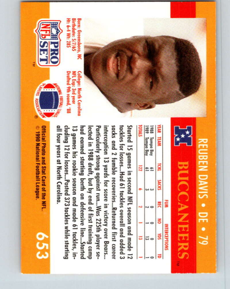 1990 Pro Set #653 Reuben Davis Mint RC Rookie Tampa Bay Buccaneers Image 2