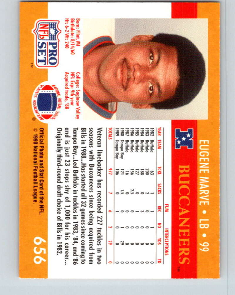 1990 Pro Set #656 Eugene Marve Mint Tampa Bay Buccaneers Image 2
