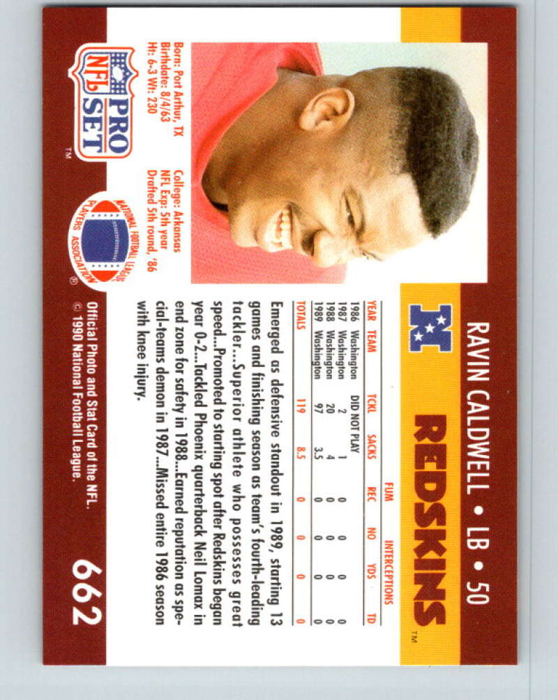 1990 Pro Set #662 Ravin Caldwell Mint RC Rookie Washington Redskins Image 2