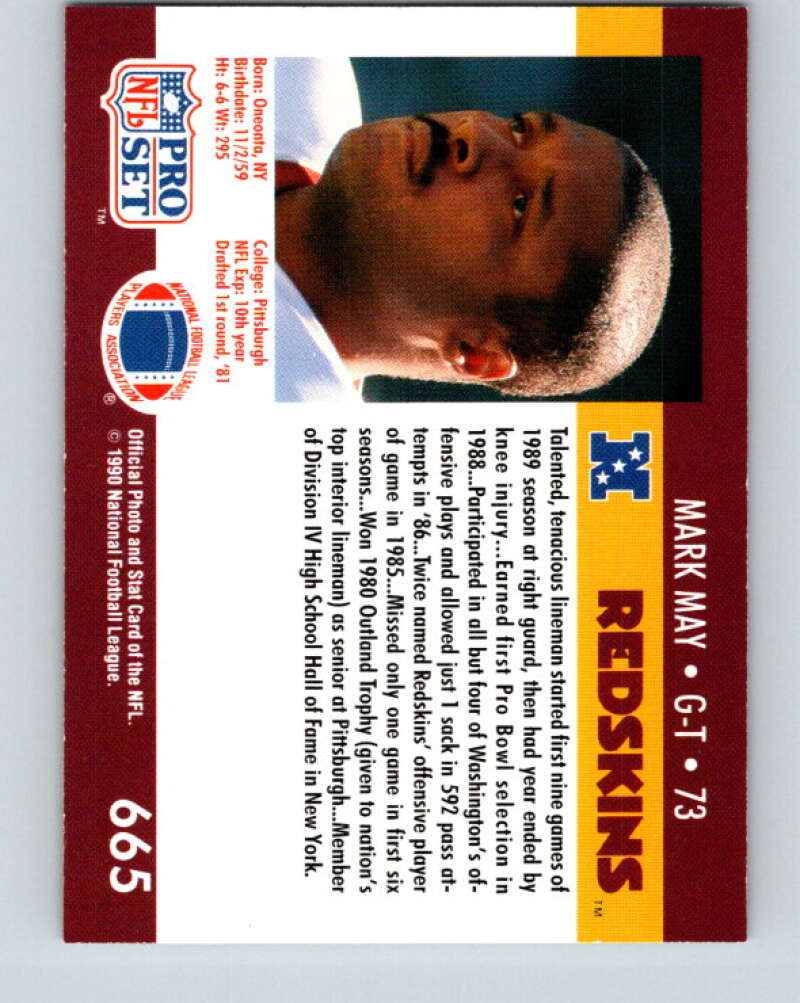 1990 Pro Set #665 Mark May Mint Washington Redskins Image 2