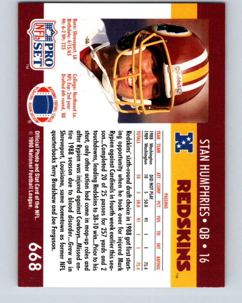 1990 Pro Set #668 Stan Humphries Mint RC Rookie Washington Redskins Image 2