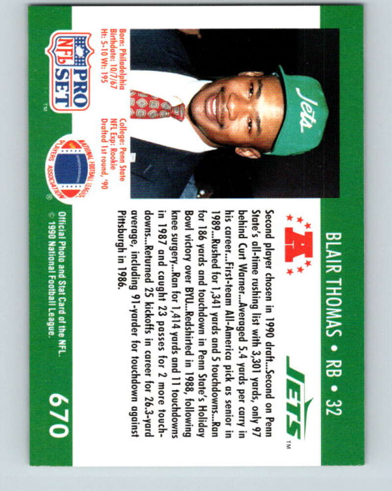 1990 Pro Set #670 Blair Thomas Mint RC Rookie New York Jets Image 2