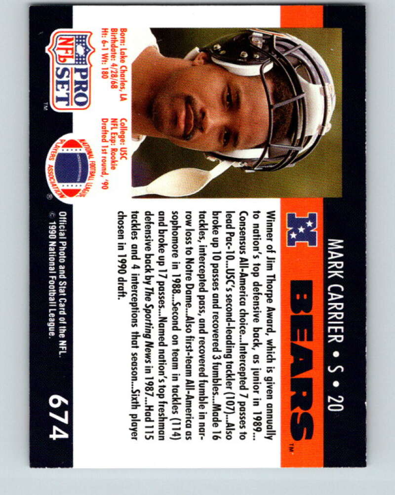 1990 Pro Set #674 Mark Carrier Mint RC Rookie Chicago Bears Image 2