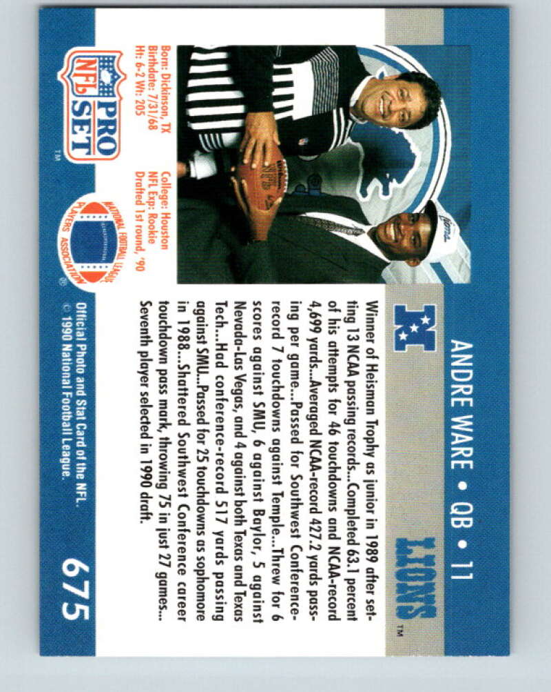 1990 Pro Set #675 Andre Ware Mint Detroit Lions Image 2