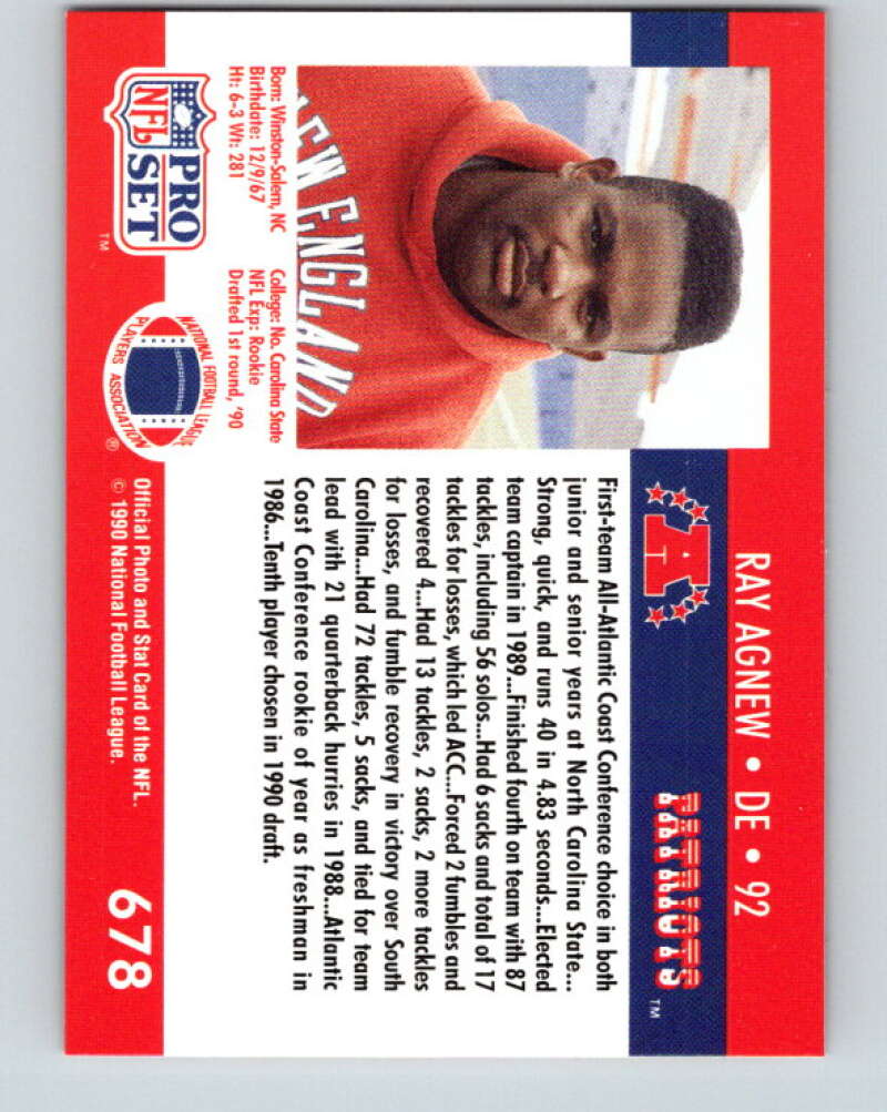 1990 Pro Set #678 Ray Agnew Mint RC Rookie New England Patriots Image 2