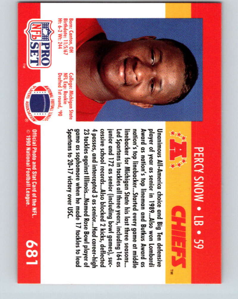 1990 Pro Set #681 Percy Snow Mint Kansas City Chiefs Image 2