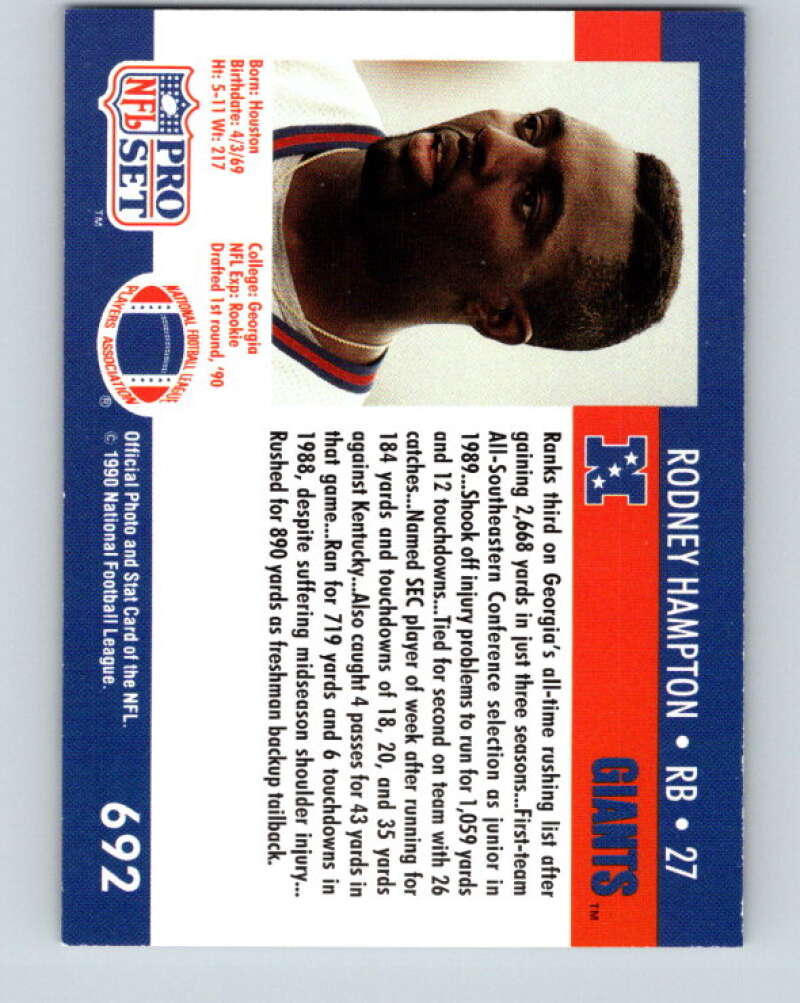 1990 Pro Set #692 Rodney Hampton Mint RC Rookie New York Giants Image 2
