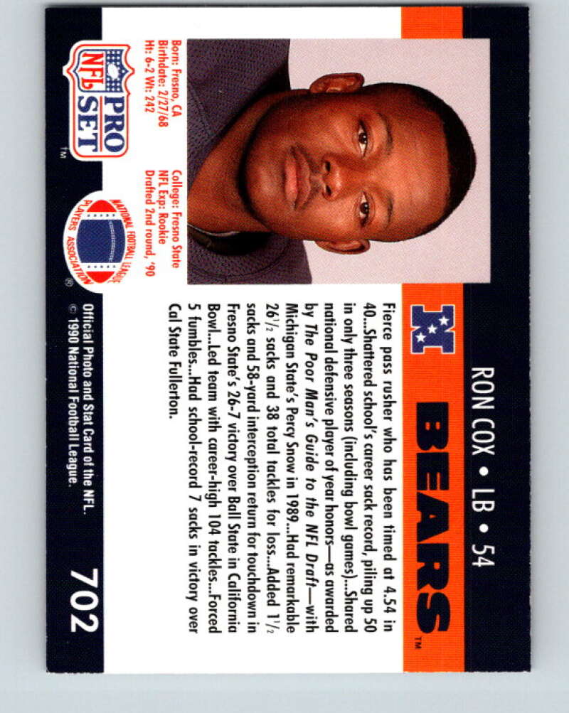 1990 Pro Set #702 Ron Cox Mint RC Rookie Chicago Bears Image 2