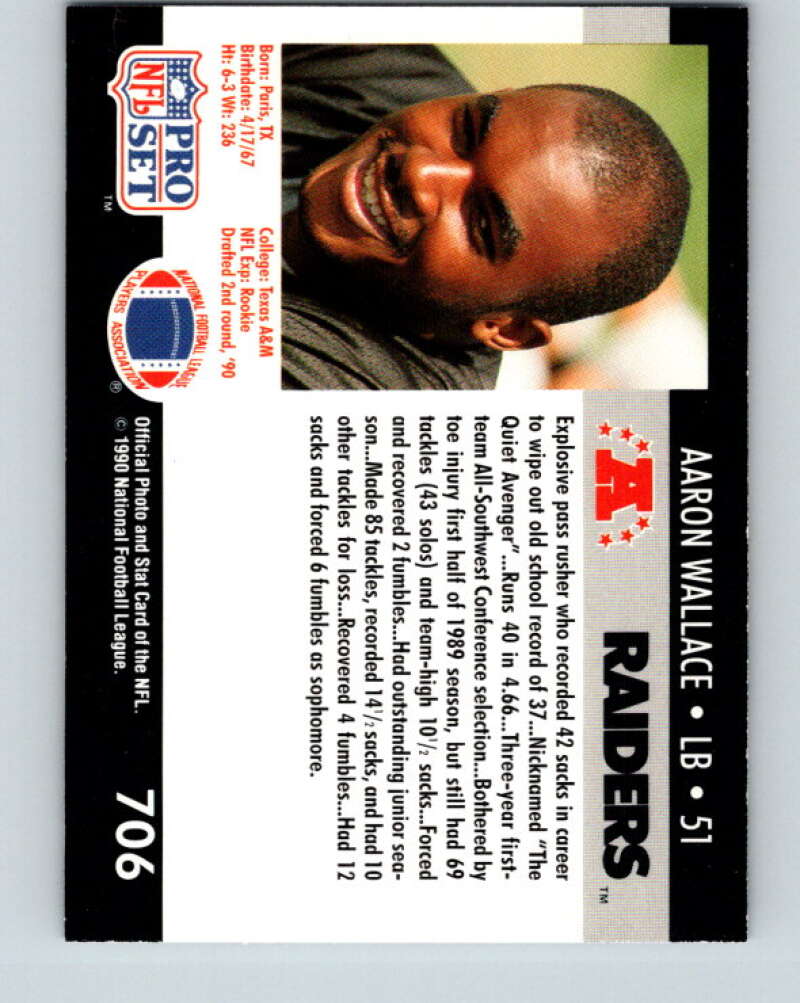 1990 Pro Set #706 Aaron Wallace Mint RC Rookie Los Angeles Raiders Image 2