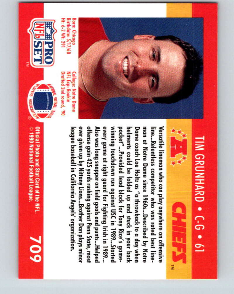 1990 Pro Set #709 Tim Grunhard Mint RC Rookie Kansas City Chiefs Image 2