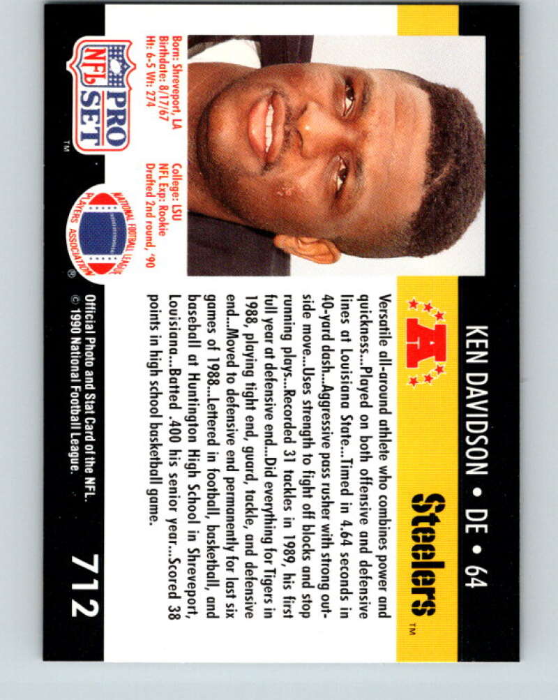 1990 Pro Set #712 Kenny Davidson Mint RC Rookie Pittsburgh Steelers