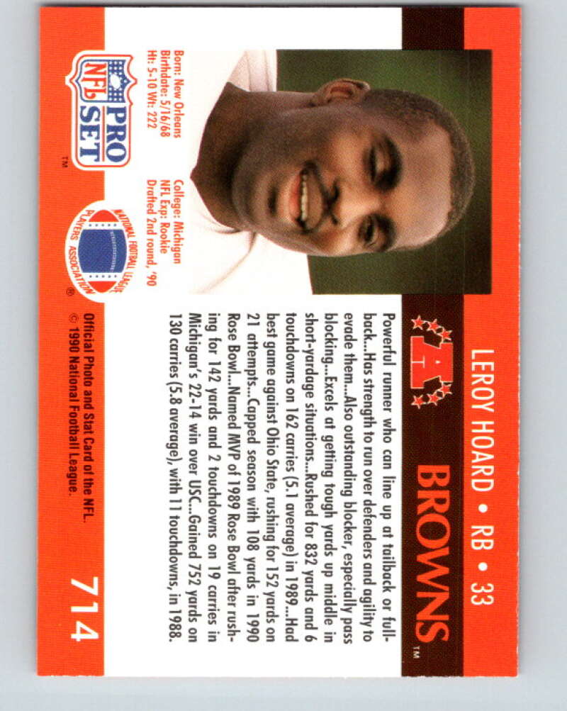 1990 Pro Set #714 Leroy Hoard Mint RC Rookie Cleveland Browns Image 2