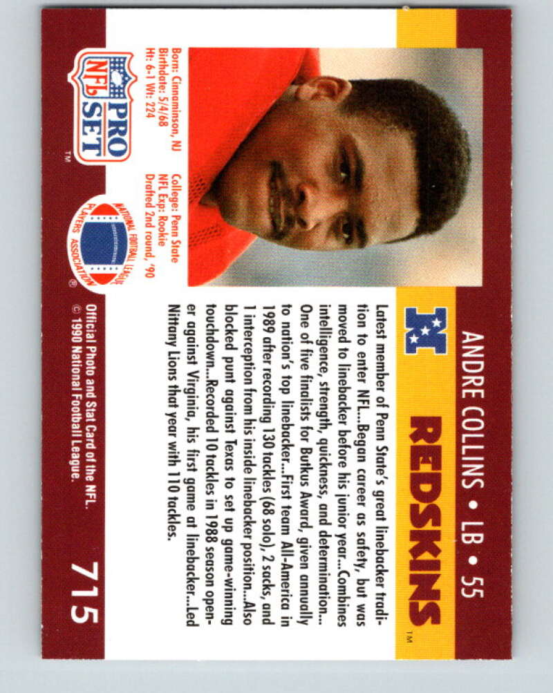 1990 Pro Set #715 Andre Collins Mint RC Rookie Washington Redskins Image 2