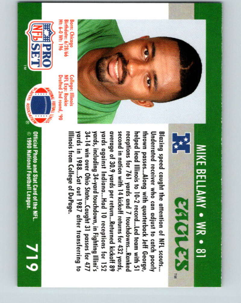 1990 Pro Set #719 Mike Bellamy Mint RC Rookie Philadelphia Eagles Image 2