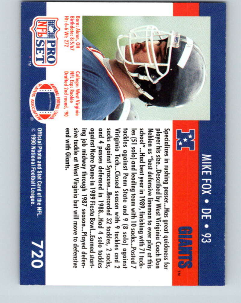 1990 Pro Set #720 Mike Fox Mint RC Rookie New York Giants Image 2