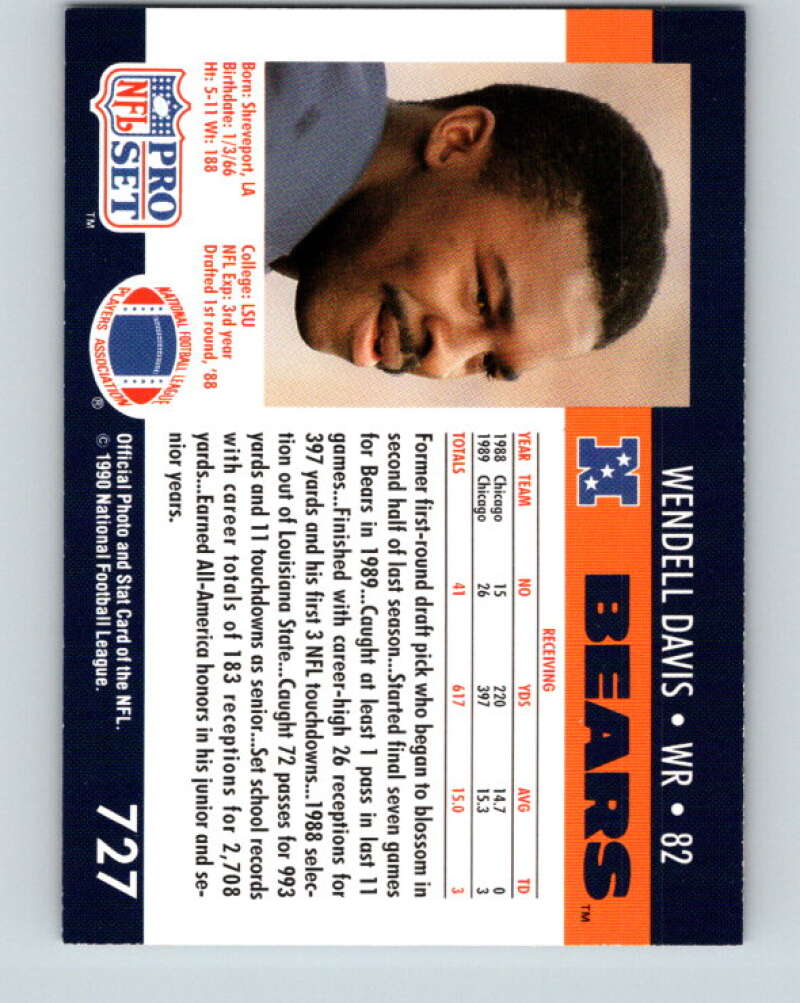 1990 Pro Set #727 Wendell Davis Mint RC Rookie Chicago Bears Image 2