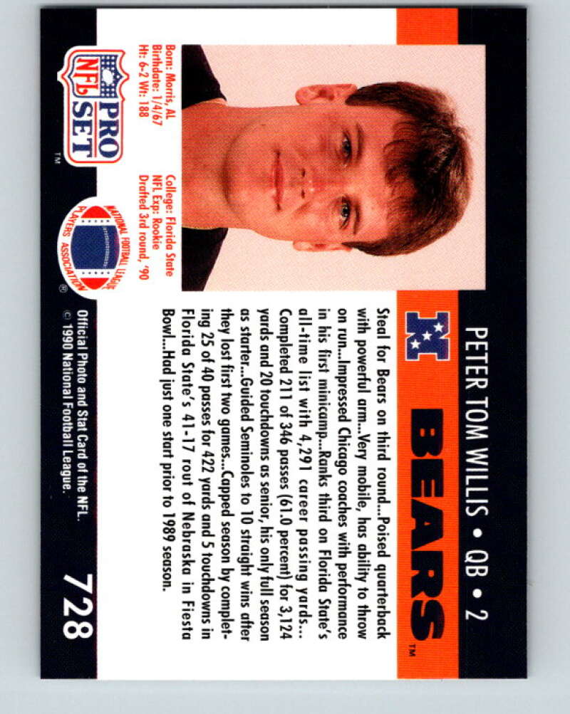 1990 Pro Set #728 Peter Tom Willis Mint RC Rookie Chicago Bears Image 2