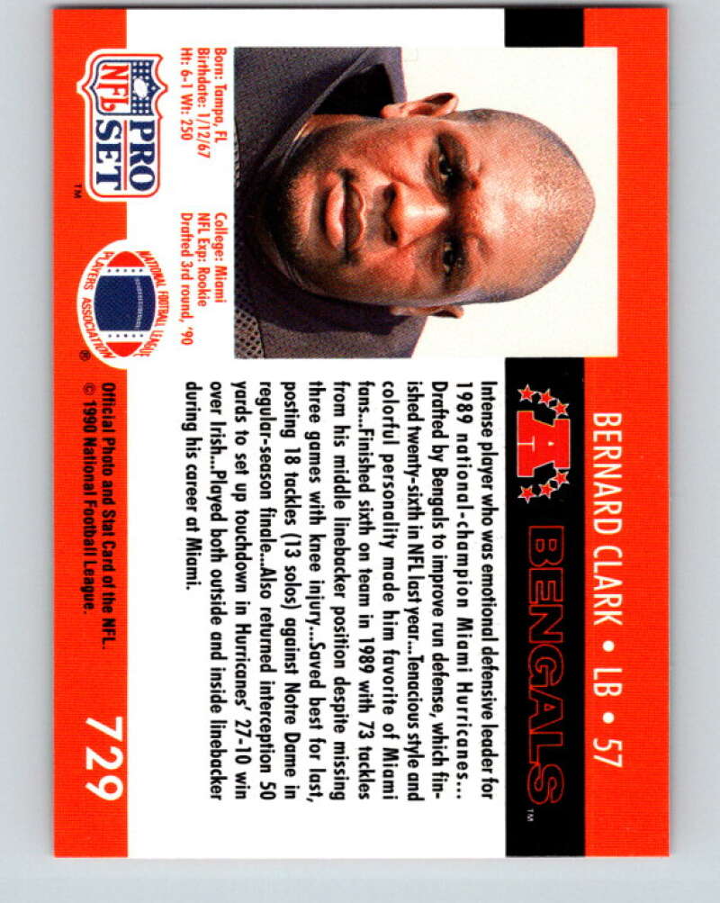 1990 Pro Set #729 Bernard Clark Mint RC Rookie Cincinnati Bengals Image 2