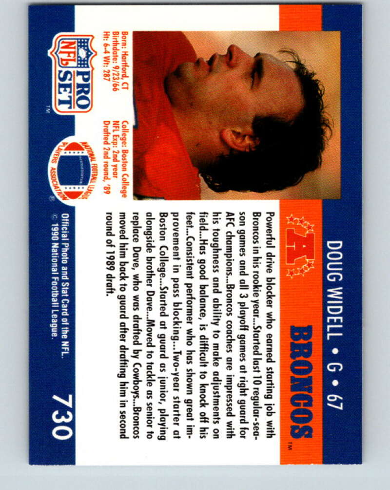1990 Pro Set #730 Doug Widell Mint RC Rookie Denver Broncos Image 2