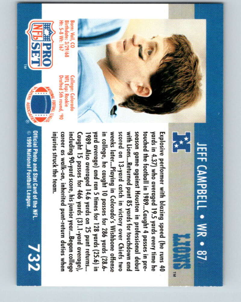 1990 Pro Set #732 Jeff Campbell Mint RC Rookie Detroit Lions Image 2