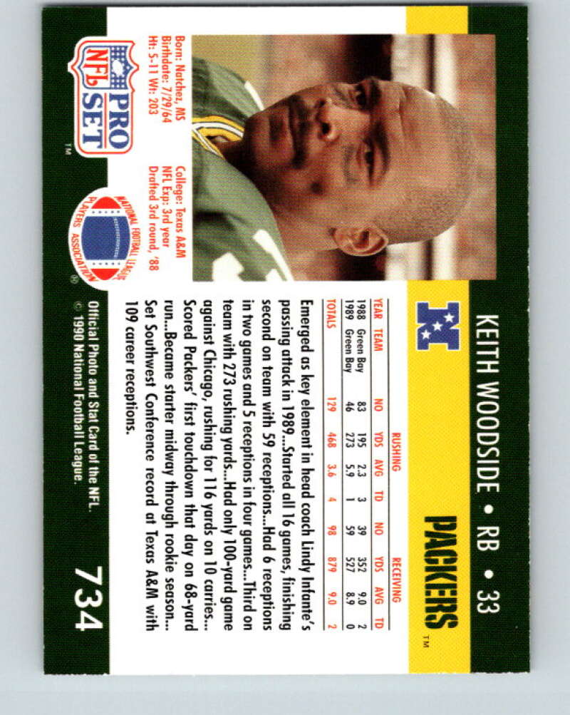 1990 Pro Set #734 Keith Woodside Mint Green Bay Packers Image 2