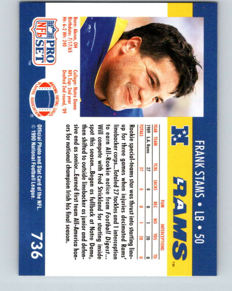 1990 Pro Set #736 Frank Stams Mint Los Angeles Rams Image 2