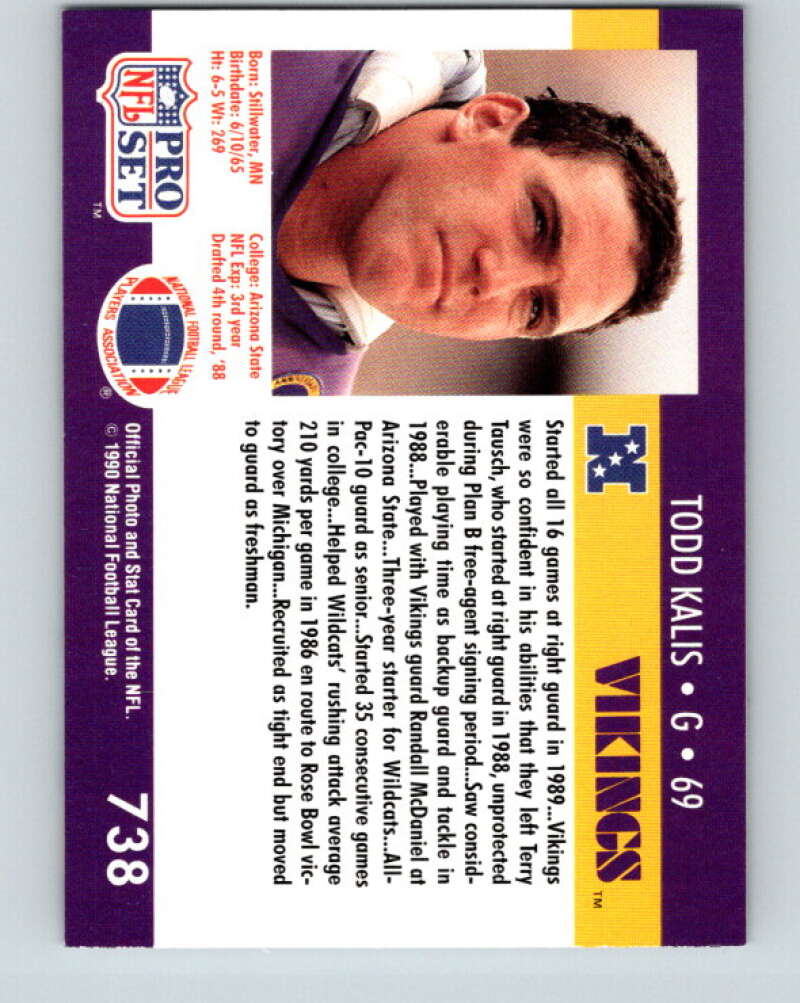 1990 Pro Set #738 Todd Kalis Mint RC Rookie Minnesota Vikings Image 2