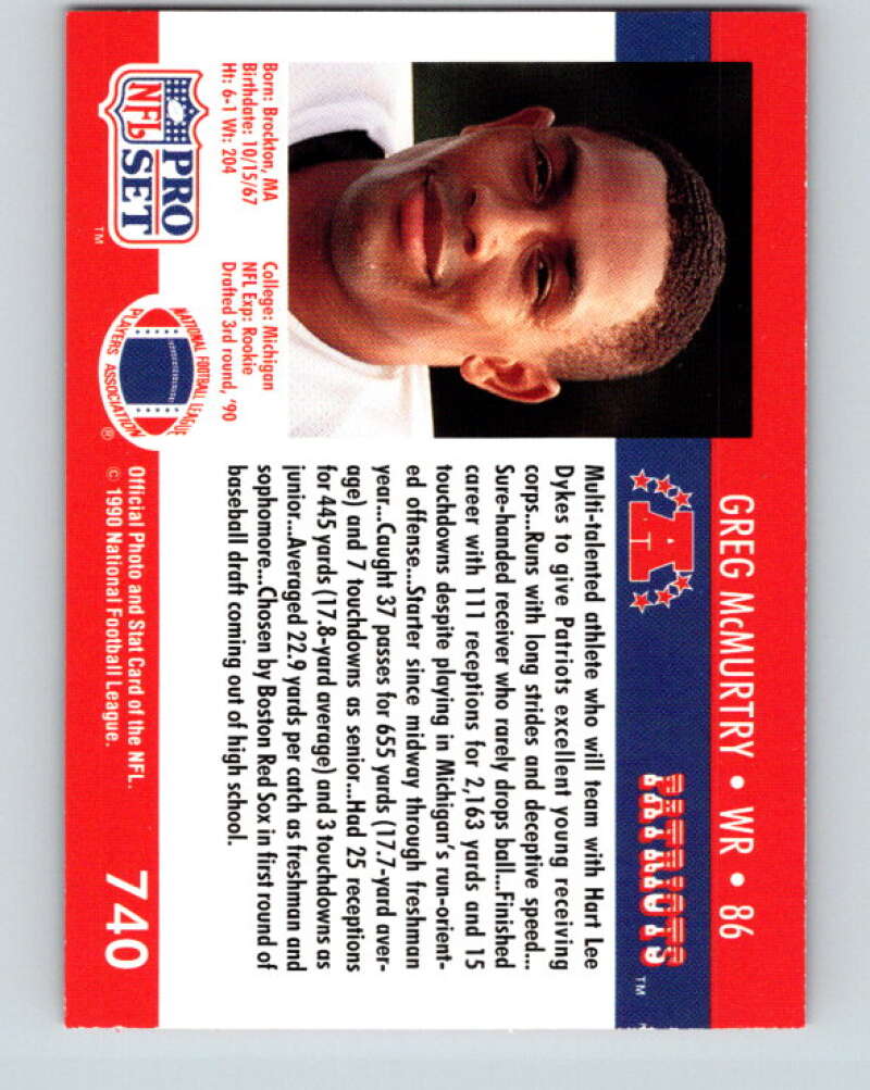 1990 Pro Set #740 Greg McMurtry Mint RC Rookie New England Patriots Image 2