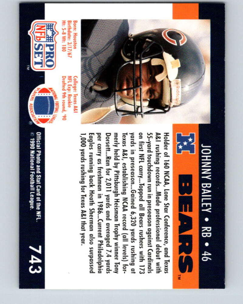 1990 Pro Set #743 Johnny Bailey Mint RC Rookie Chicago Bears Image 2
