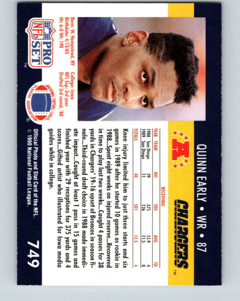 1990 Pro Set #749 Quinn Early Mint San Diego Chargers Image 2