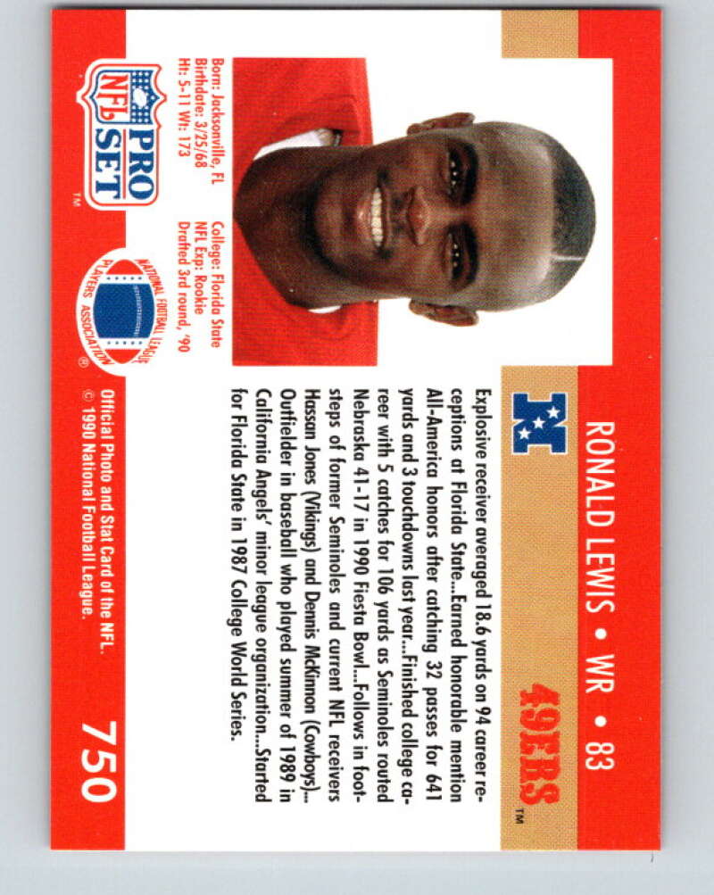 1990 Pro Set #750 Ronald Lewis Mint RC Rookie San Francisco 49ers Image 2