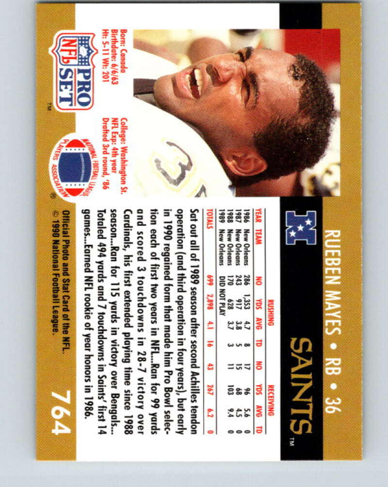 1990 Pro Set #764 Rueben Mayes Mint New Orleans Saints Image 2