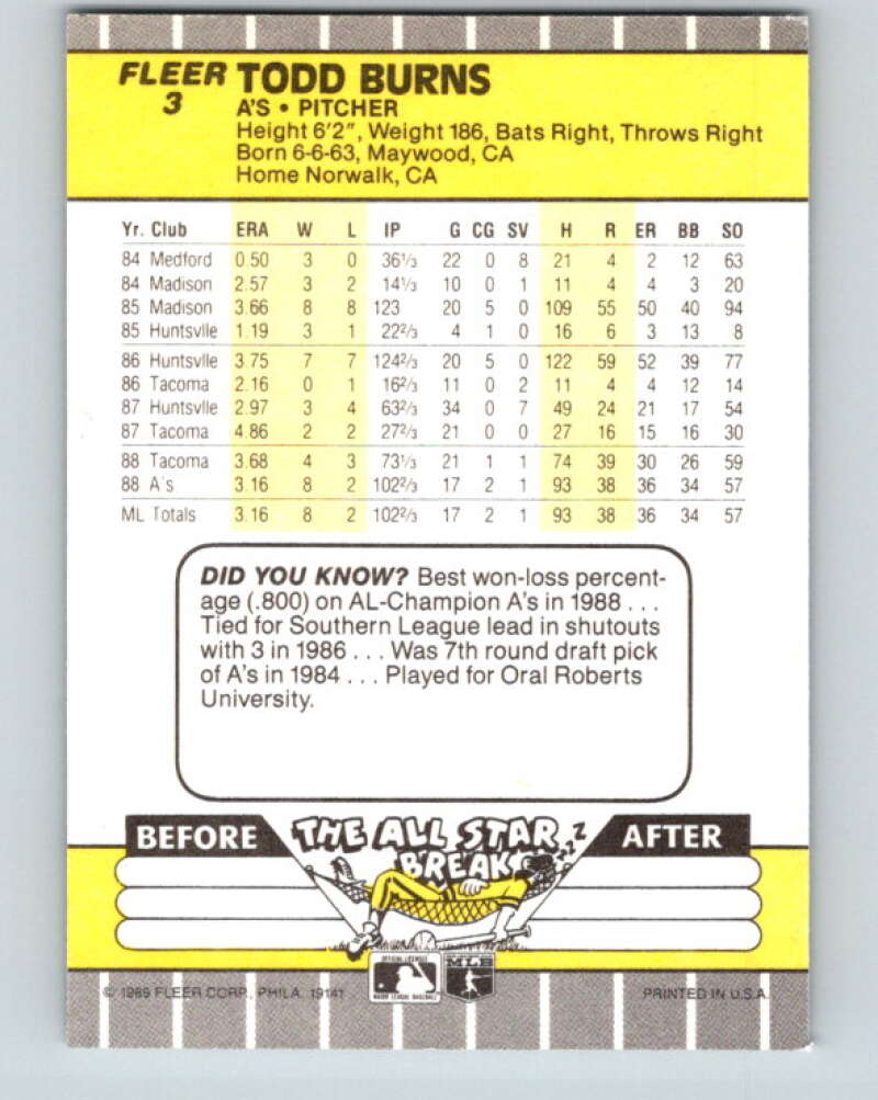 1989 Fleer #3 Todd Burns UER Mint RC Rookie Oakland Athletics  Image 2