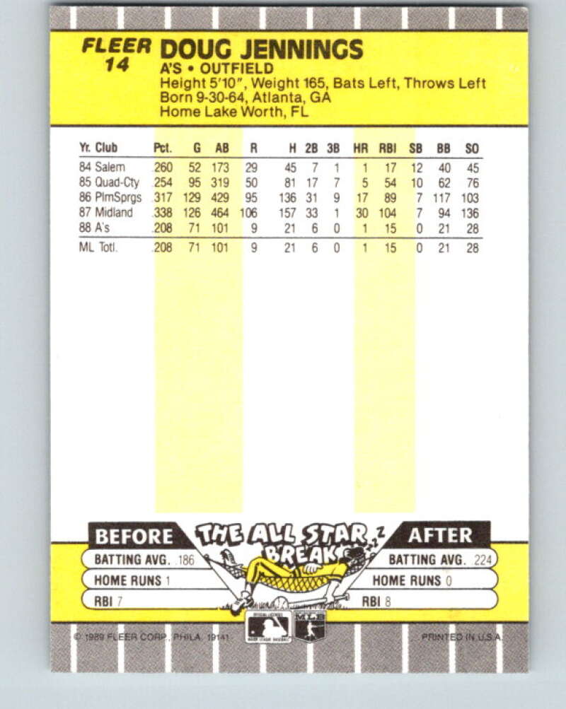 1989 Fleer #14 Doug Jennings Mint RC Rookie Oakland Athletics Image 2