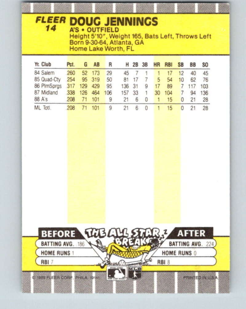 1989 Fleer #14 Doug Jennings Mint RC Rookie Oakland Athletics  Image 2