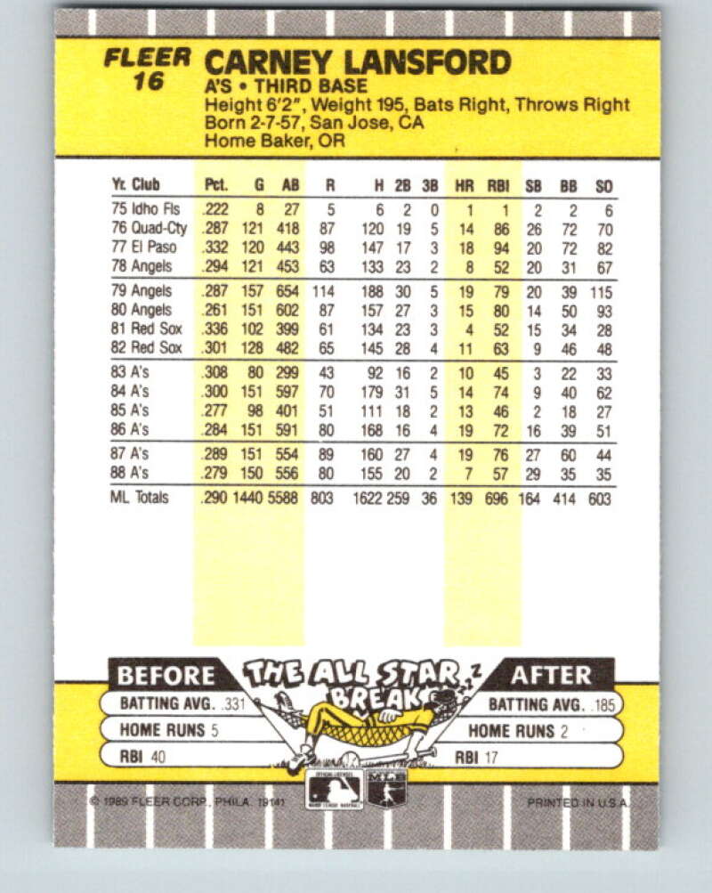 1989 Fleer #16 Carney Lansford Mint Oakland Athletics  Image 2