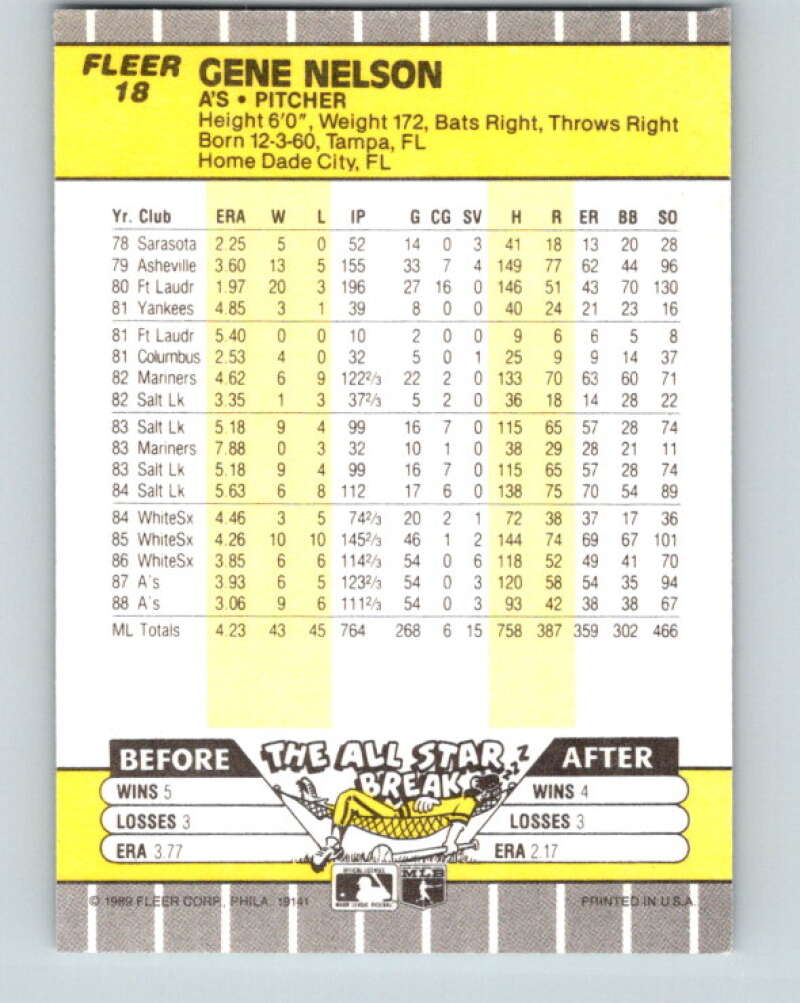 1989 Fleer #18 Gene Nelson Mint Oakland Athletics  Image 2