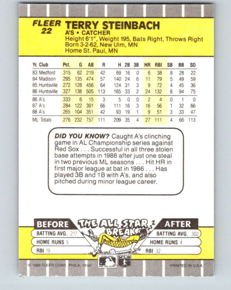 1989 Fleer #22 Terry Steinbach Mint Oakland Athletics  Image 2
