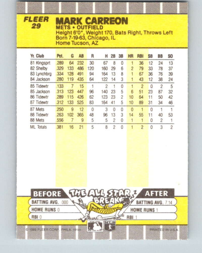 1989 Fleer #29 Mark Carreon UER Mint New York Mets  Image 2