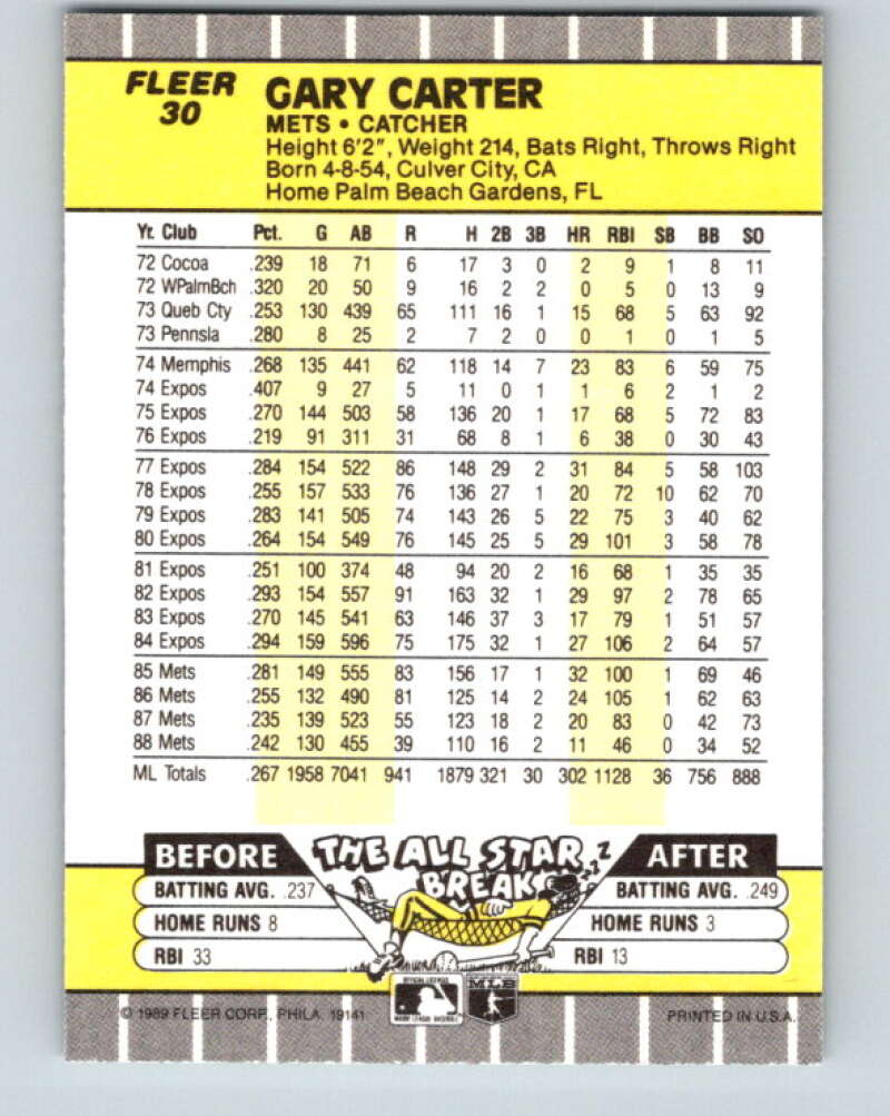 1989 Fleer #30 Gary Carter Mint New York Mets Image 2