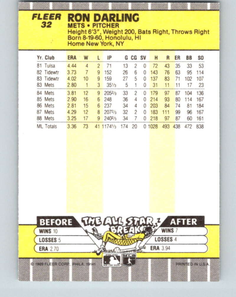 1989 Fleer #32 Ron Darling Mint New York Mets Image 2