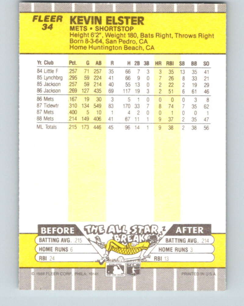 1989 Fleer #34 Kevin Elster Mint New York Mets  Image 2