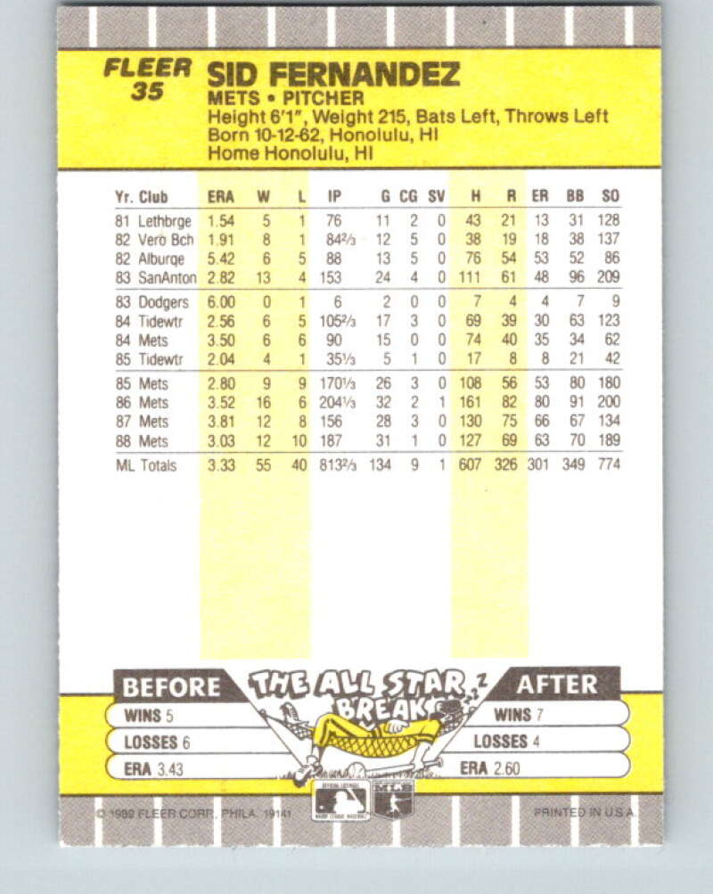 1989 Fleer #35 Sid Fernandez Mint New York Mets Image 2