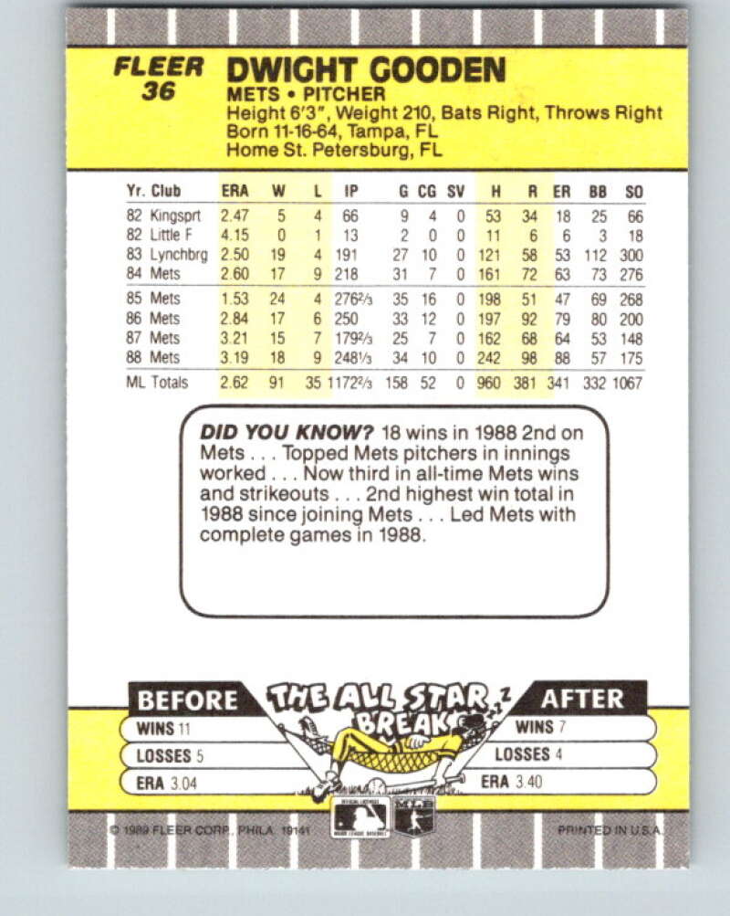 1989 Fleer #36 Dwight Gooden Mint New York Mets  Image 2