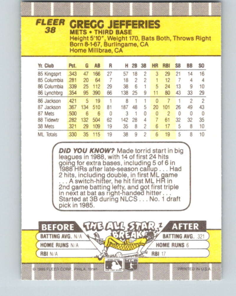 1989 Fleer #38 Gregg Jefferies Mint New York Mets